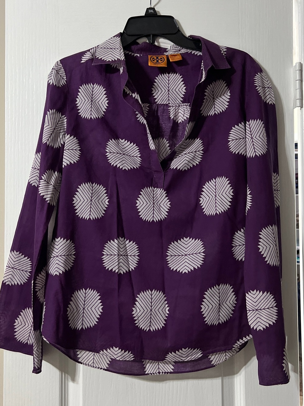 Tory Burch Purple Printed Collared Long-Sleeve Blouse